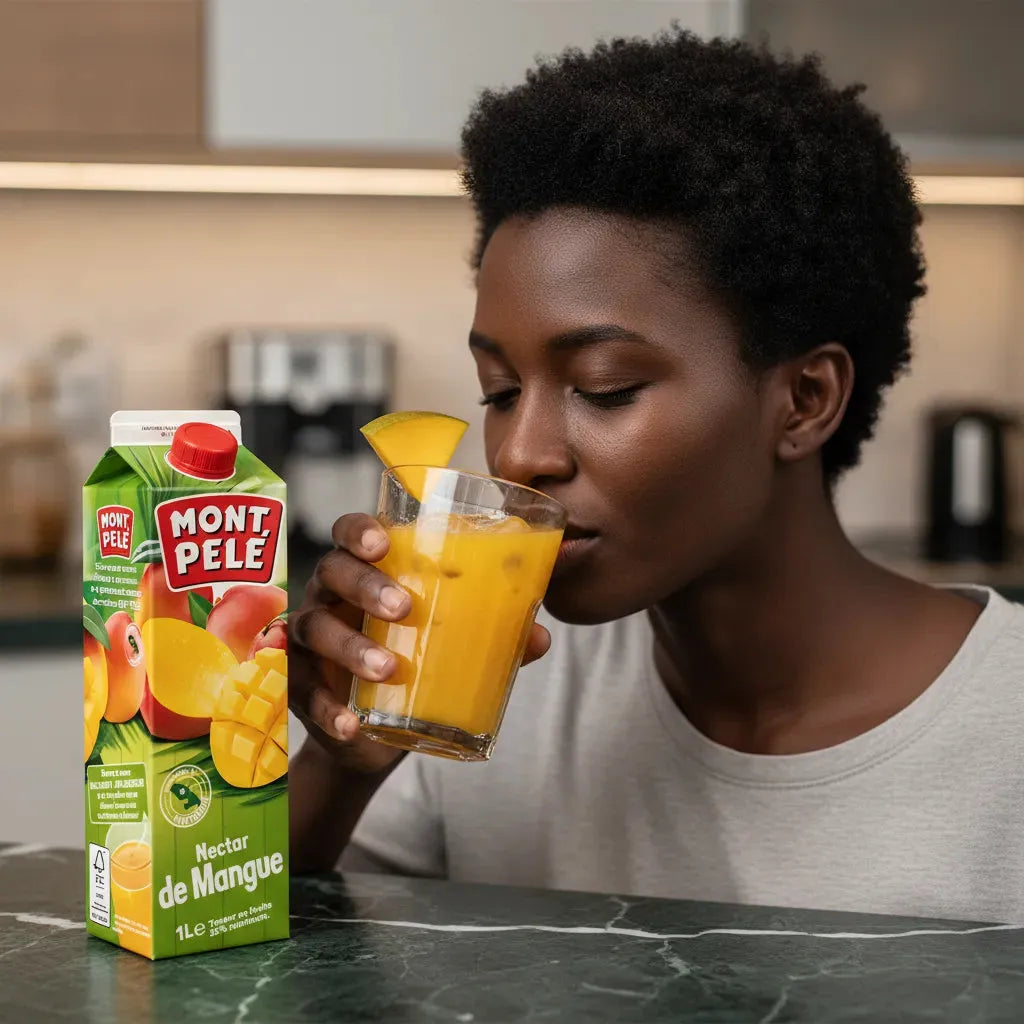 Femme dégustant un verre de nectar de mangue MONTPELÉ, boisson fruitée exotique au goût intense, idéale pour une pause fraîcheur.